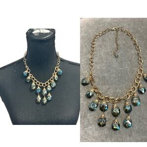 Necklace Rhinestone Vtg Borealis Blue Dangle Stones Gold Chain Filigree